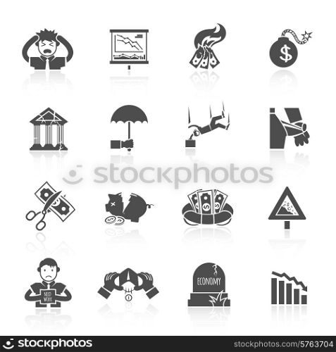 Economic crisis banking and finance depression black icons set isolated vector illustration