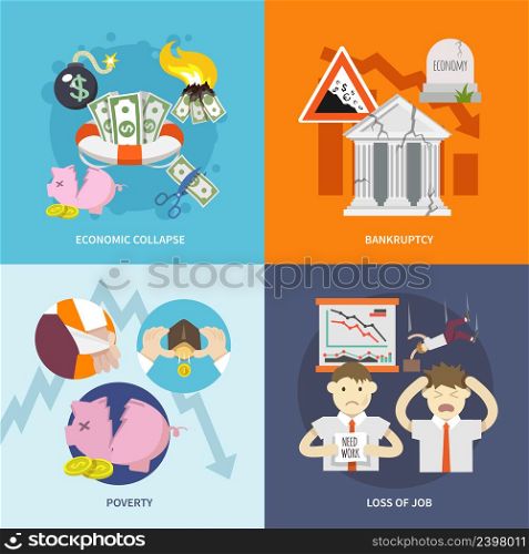 Economic crisis design concept set with collapse bankruptcy poverty job loss flat icon isolated vector illustration. Economic Crisis Flat