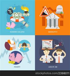 Economic crisis design concept set with collapse bankruptcy poverty job loss flat icon isolated vector illustration. Economic Crisis Flat