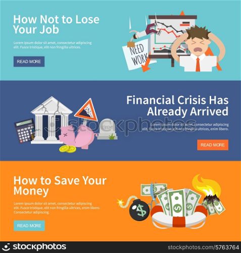 Economic crisis horizontal banners set with job loss money save flat elements isolated vector illustration