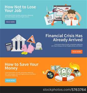 Economic crisis horizontal banners set with job loss money save flat elements isolated vector illustration