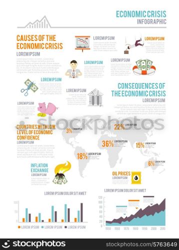 Economic crisis infographic elements set with charts and finance collapse symbols vector illustration. Economic Crisis Infographics