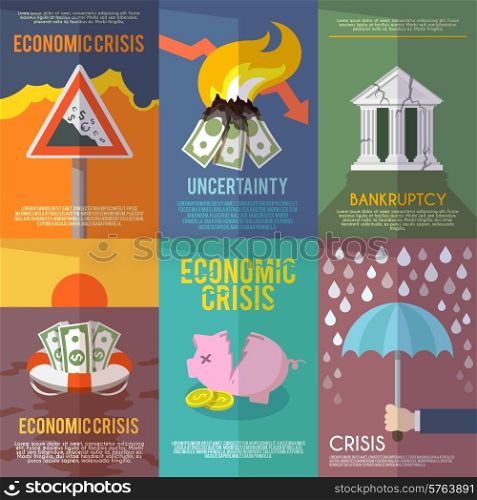 Economic crisis mini poster set financial bankruptcy flat isolated vector illustration. Economic Crisis Poster