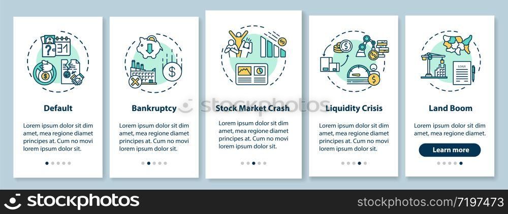 Economic crisis onboarding mobile app page screen with concepts. Global economic and social emergencies walkthrough five steps graphic instructions. UI vector template with RGB color illustrations