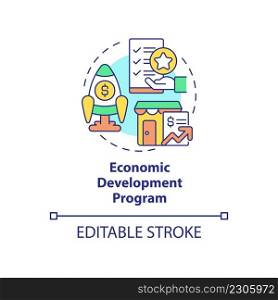 Economic development program concept icon. Small business support. Helping program abstract idea thin line illustration. Isolated outline drawing. Editable stroke. Arial, Myriad Pro-Bold fonts used. Economic development program concept icon