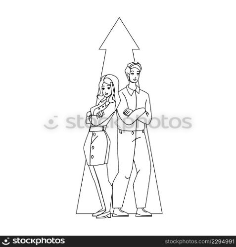 Economic Growth Business Man And Woman Black Line Pencil Drawing Vector. Businessman And Businesswoman Economic Growth And Profit. Characters Businesspeople Growing Money And Earning Illustration. Economic Growth Business Man And Woman Vector