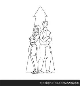 Economic Growth Business Man And Woman Black Line Pencil Drawing Vector. Businessman And Businesswoman Economic Growth And Profit. Characters Businesspeople Growing Money And Earning Illustration. Economic Growth Business Man And Woman Vector