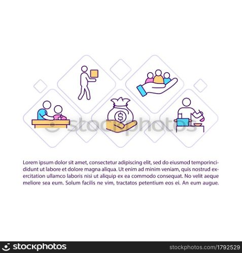 Economic help concept line icons with text. Humanitarian aid PPT page vector template with copy space. Brochure, magazine, newsletter design element. Emergency education linear illustrations on white. Economic help concept line icons with text.