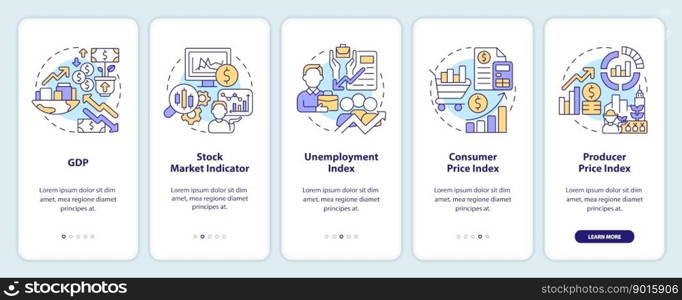 Economic indicators onboarding mobile app screen. Analytics walkthrough 3 steps editable graphic instructions with linear concepts. UI, UX, GUI template. Myriad Pro-Bold, Regular fonts used. Economic indicators onboarding mobile app screen