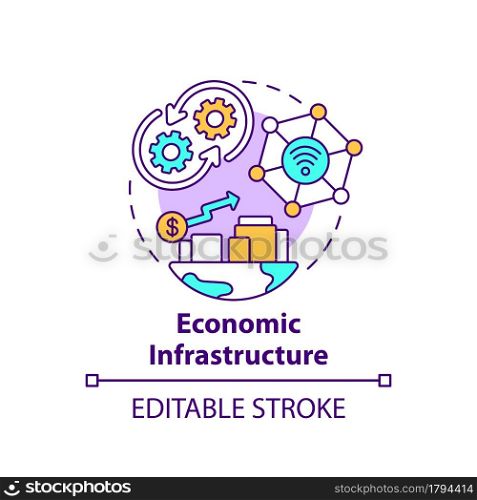 Economic infrastructure concept icon. Economic growth abstract idea thin line illustration. Economy management. Production and distribution. Vector isolated outline color drawing. Editable stroke. Economic infrastructure concept icon