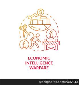 Economic intelligence warfare red gradient concept icon. Acces to information. Subarea of information warfare abstract idea thin line illustration. Isolated outline drawing. Myriad Pro-Bold font used. Economic intelligence warfare red gradient concept icon