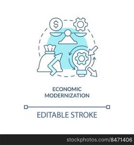 Economic modernization turquoise concept icon. Electrification. Net zero practice abstract idea thin line illustration. Isolated outline drawing. Editable stroke. Arial, Myriad Pro-Bold fonts used. Economic modernization turquoise concept icon