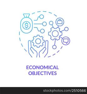 Economic objectives blue gradient concept icon. Business and commerce. International cooperation processes abstract idea thin line illustration. Isolated outline drawing. Myriad Pro-Bold font used. Economic objectives blue gradient concept icon