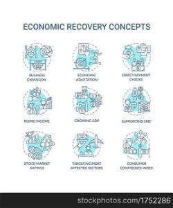 Economic recovery concept icons set. Business cycle after recession idea thin line RGB color illustrations. Purchasing manager index. Vector isolated outline drawings. Editable stroke. Economic recovery concept icons set