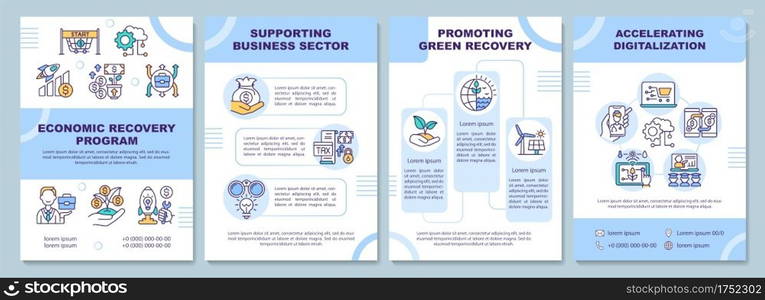 Economic recovery program brochure template. Support business sector. Flyer, booklet, leaflet print, cover design with linear icons. Vector layouts for magazines, annual reports, advertising posters. Economic recovery program brochure template