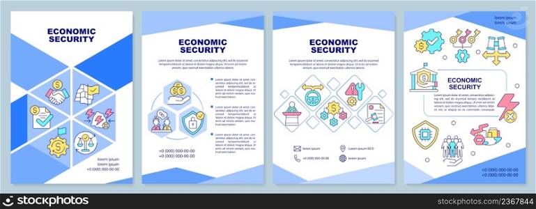 Economic security blue brochure template. National safety. Leaflet design with linear icons. 4 vector layouts for presentation, annual reports. Arial-Black, Myriad Pro-Regular fonts used. Economic security blue brochure template