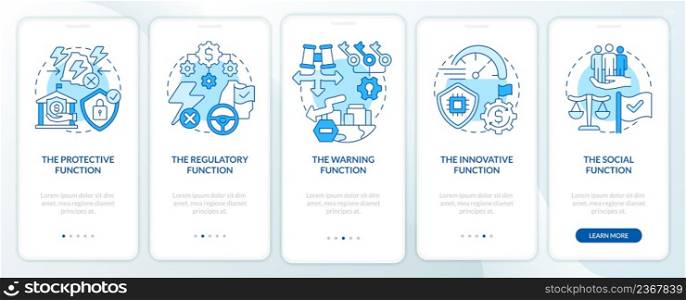 Economic security functions blue onboarding mobile app screen. Protection walkthrough 5 steps graphic instructions pages with linear concepts. UI, UX, GUI template. Myriad Pro-Bold, Regular fonts used. Economic security functions blue onboarding mobile app screen