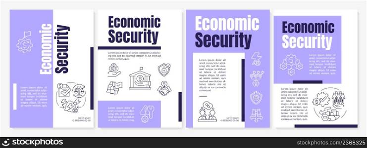 Economic security regulation purple brochure template. National safety. Leaflet design with linear icons. 4 vector layouts for presentation, annual reports. Anton, Lato-Regular fonts used. Economic security regulation purple brochure template