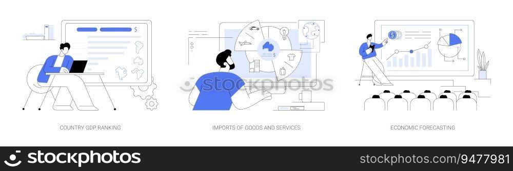 Economic statistics abstract concept vector illustration set. Country GDP ranking, imports of goods and services, economic forecasting, data analyst, financial growth report abstract metaphor.. Economic statistics abstract concept vector illustrations.