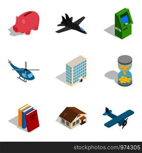 Economic system icons set. Isometric set of 9 economic system vector icons for web isolated on white background. Economic system icons set, isometric style