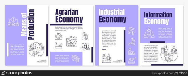 Economic system purple brochure template. Production and distribution Leaflet design with linear icons. 4 vector layouts for presentation, annual reports. Anton, Lato-Regular fonts used. Economic system purple brochure template