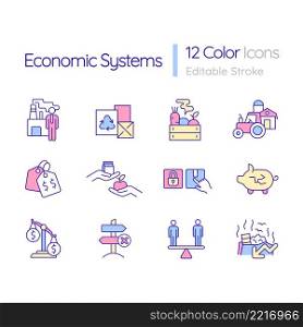 Economic system RGB color icons set. Goods production and distribution. Isolated vector illustrations. Simple filled line drawings collection. Editable stroke. Quicksand-Light font used. Economic system RGB color icons set