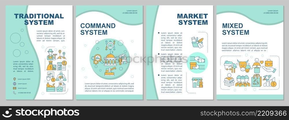 Economic system types mint brochure template. Manufacturing goods. Leaflet design with linear icons. 4 vector layouts for presentation, annual reports. Arial-Black, Myriad Pro-Regular fonts used. Economic system types mint brochure template