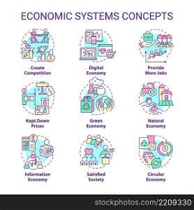 Economic systems concept icons set. Manufacturing and distribution. Goods and service idea thin line color illustrations. Isolated symbols. Editable stroke. Roboto-Medium, Myriad Pro-Bold fonts used. Economic systems concept icons set