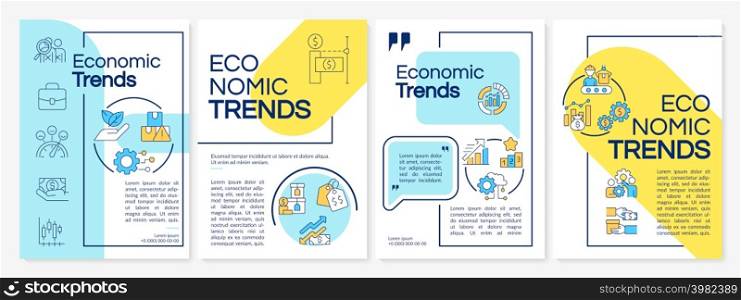 Economic trends blue and yellow brochure template. Business processes. Leaflet design with linear icons. 4 vector layouts for presentation, annual reports. Anton, Lato-Regular fonts used. Economic trends blue and yellow brochure template