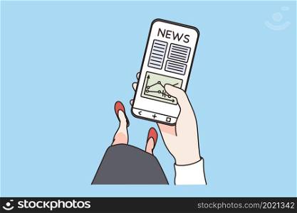 Economical news and technologies concept. Hands of business woman holding smartphone with news of finance and economy on screen vector illustration . Economical news and technologies concept.