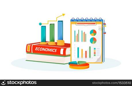 Economics flat concept vector illustration. School subject. Social science learning metaphor. Statistivs class. University course. Student textbook, graphs and pie charts items 2D cartoon objects. Economics flat concept vector illustration