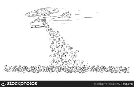 Economy drowning in cash, government sending helicopter money, vector cartoon stick figure or character illustration.. Person Drowning in Cash, Government Adding More, Helicopter Money Concept , Vector Cartoon Stick Figure Illustration