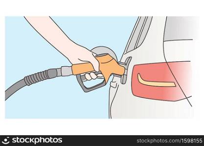 Economy, filling, petrol concept. Human hand refueling car on fuel station or pumping gasoline oil. Service fulfilling gas biodiesel into vehicle tank. Automotive industry transportation illustration.. Economy, filling, petrol, gasoline concept