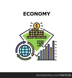 Economy Finance Vector Icon Concept. World Economy Finance And Global Budget, Researching Infographic And Analyzing Trade Market Chart, Earning Money And Financial Investment Color Illustration. Economy Finance Vector Concept Color Illustration