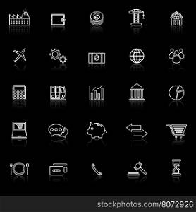 Economy line icons with reflect on black background, stock vector