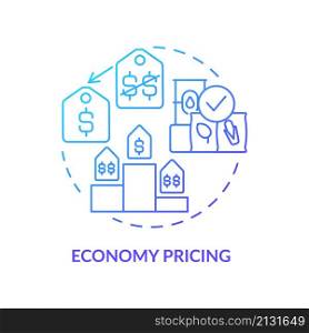 Economy pricing blue gradient concept icon. Decreasing marketing and advertising costs abstract idea thin line illustration. Isolated outline drawing. Roboto-Medium, Myriad Pro-Bold fonts used. Economy pricing blue gradient concept icon