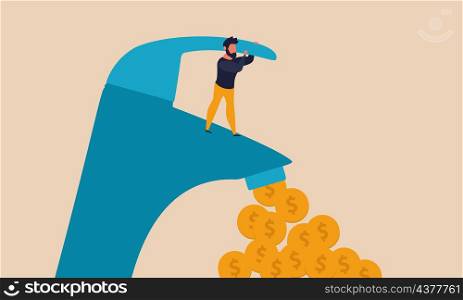 Economy water and cash flow of coin. Control of money during a crisis by people. A man stands on a water tap and hold a valve vector illustration. Ecology energy care resource concept and drop profit