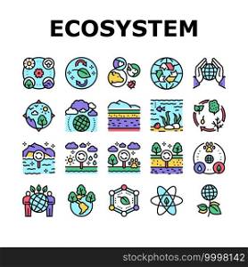 Ecosystem Environment Collection Icons Set Vector. Ecosystem And Ecology, Biodiversity And Life Cycle, Biosphere And Atmosphere Concept Linear Pictograms. Contour Color Illustrations. Ecosystem Environment Collection Icons Set Vector
