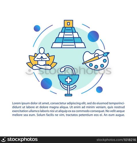 Ecosystem services article page vector template. Culture and health. Brochure, magazine, booklet design element with linear icons and text boxes. Print design. Concept illustrations with text space