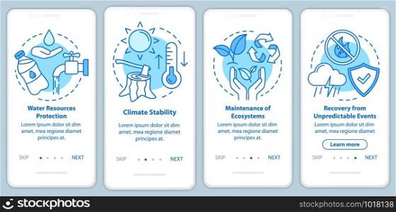 Ecosystem services blue onboarding mobile app page screen with linear concepts. Recovery from unpredictable event walkthrough steps graphic instructions. UX, UI, GUI vector template with illustrations