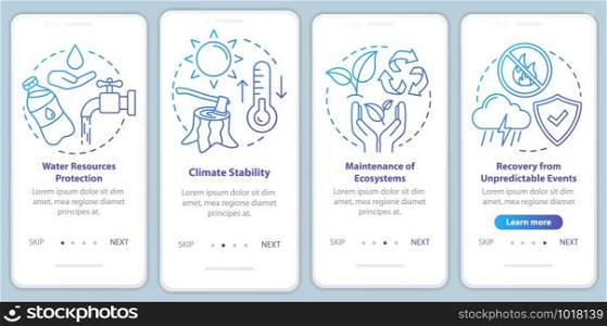Ecosystem services blue onboarding mobile app page screen with linear concepts. Climate stability, ecology maintenance walkthrough steps graphic instructions. UX, UI, GUI vector template with icons
