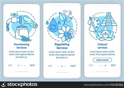 Ecosystem services blue onboarding mobile app page screen with linear concepts. Water resources provision walkthrough steps graphic instructions. UX, UI, GUI vector template with illustrations