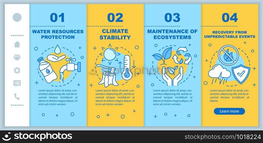 Ecosystem services onboarding mobile web pages vector template. Ecology protection. Responsive smartphone website interface idea with linear icons. Webpage walkthrough step screens. Color concept