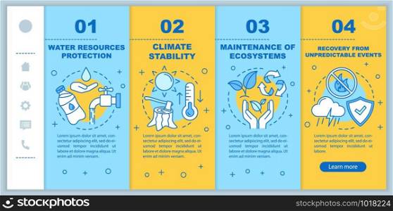 Ecosystem services onboarding mobile web pages vector template. Ecology protection. Responsive smartphone website interface idea with linear icons. Webpage walkthrough step screens. Color concept