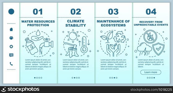 Ecosystem services onboarding mobile web pages vector template. Water resources. Responsive smartphone website interface idea with linear icons. Webpage walkthrough step screens. Color concept