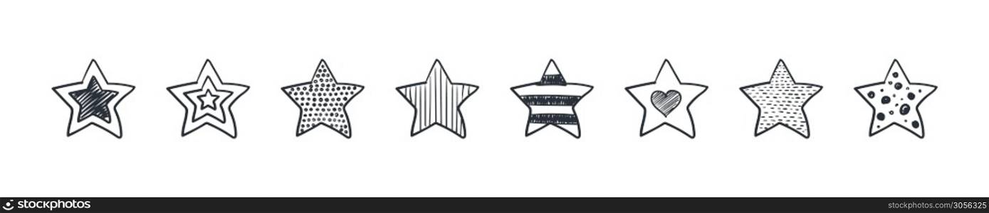 ector star. Pack of stars. Doodle style. Vector illustration
