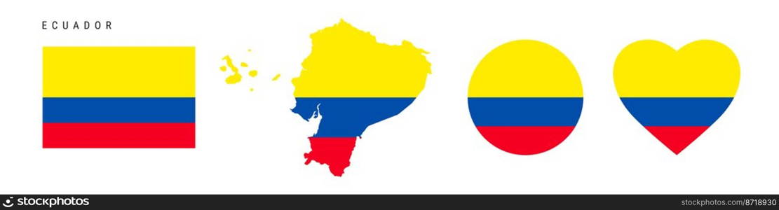 Ecuador flag icon set. Ecuadorian pennant in official colors and proportions. Rectangular, map-shaped, circle and heart-shaped. Flat vector illustration isolated on white.. Ecuador flag in different shapes icon set. Flat vector illustration