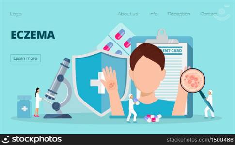Eczema landing page vector. Tiny doctors treat man, research, look in microscope. Disease of the skin and dermatological problems. National eczema week or month or day.. Eczema landing page vector. Tiny doctors treat man, research, look in microscope.