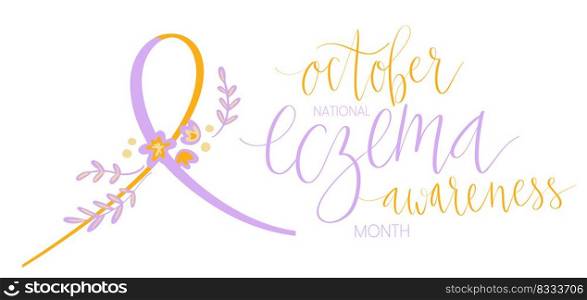 Eczema National Awareness Month October handwritten lettering and purple and orange support ribbon. Web banner vector template art. Eczema National Awareness Month October handwritten lettering and purple and orange support ribbon. Web banner vector template