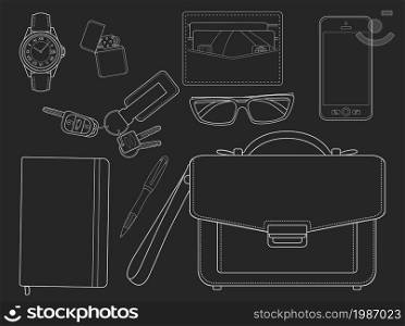 EDC set. Every day carry businessman items collection. Watches, lighter, wallet, sunglasses, mobile phone, bag, pen, notebook, house keys, car keys. Isolated on white. Chalk lines on blackboard. Businessman items. Chalk